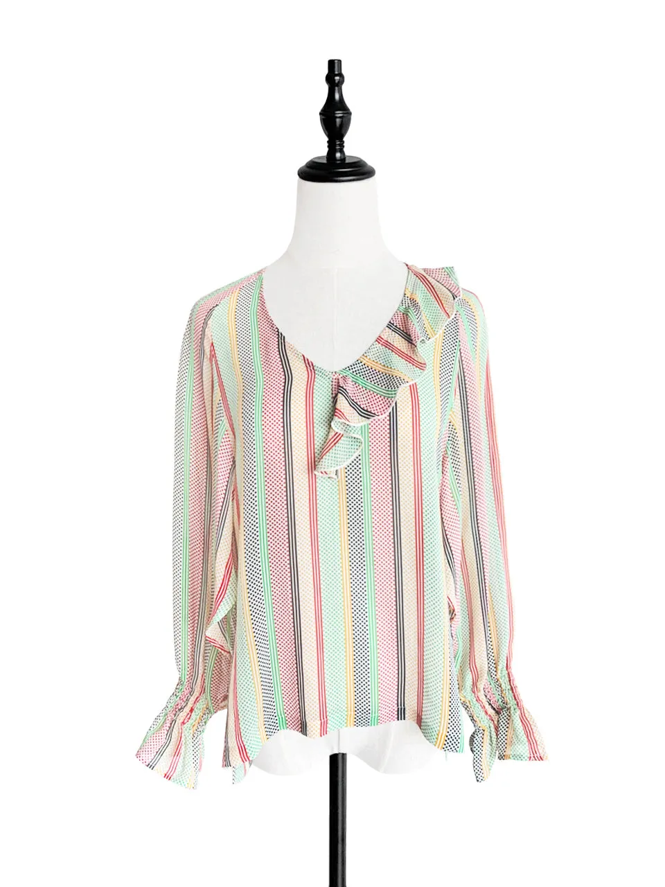 Surprise Sale! Mixed Stripy-Dots Slit Sleeve Lightweight Silky Ruffle Blouse