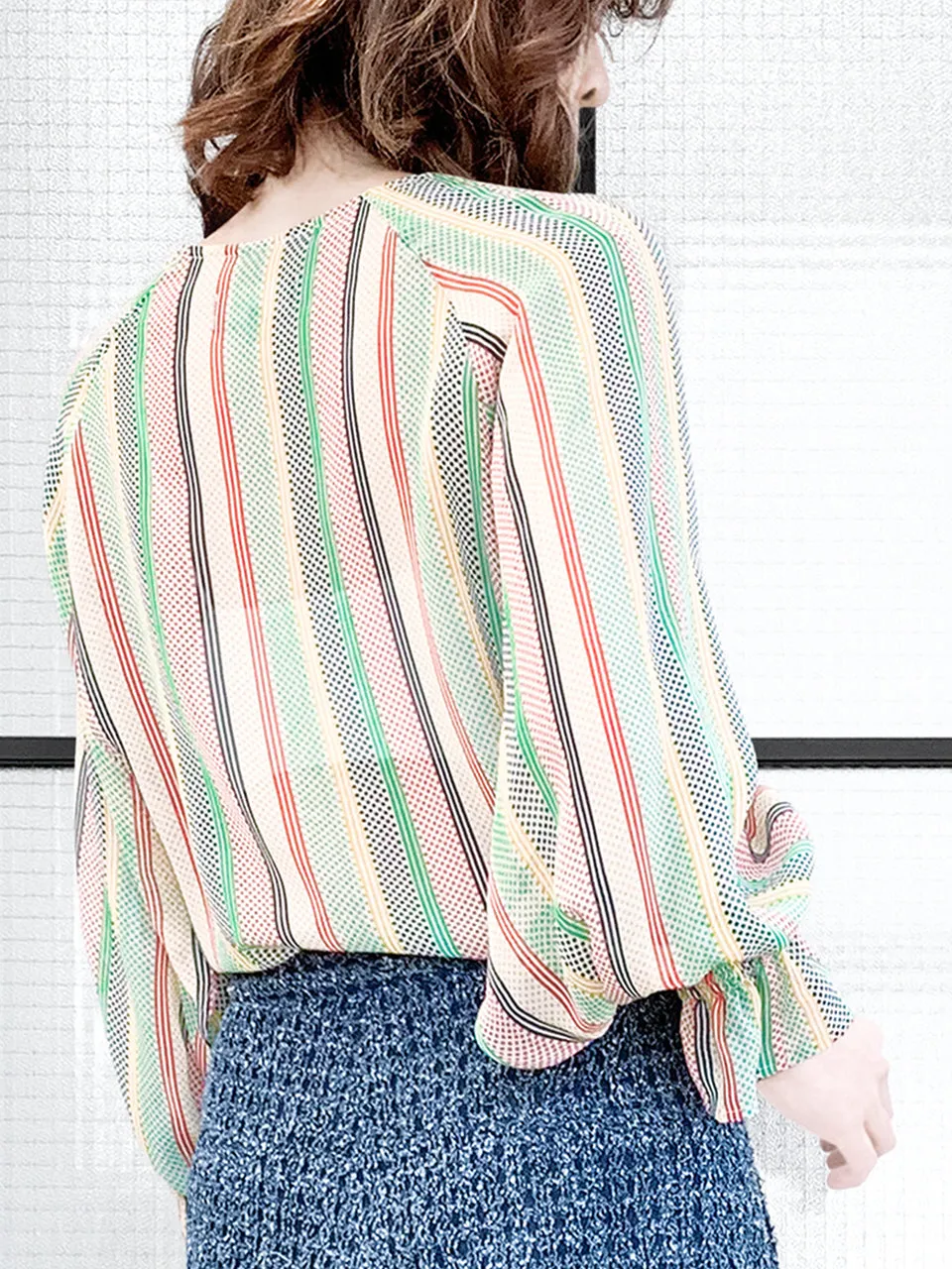 Surprise Sale! Mixed Stripy-Dots Slit Sleeve Lightweight Silky Ruffle Blouse