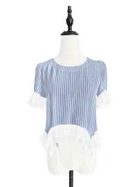 Surprise Sale! White Stripe Mix Detail Asymmetric Hem Ruffle Top