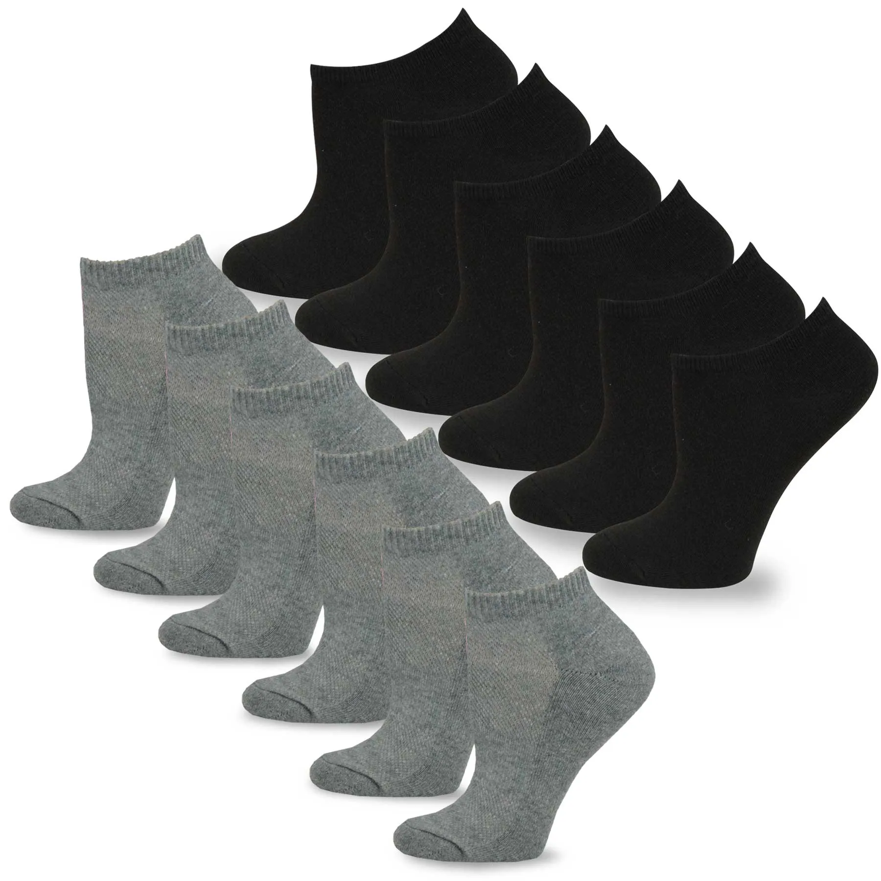 TeeHee Socks Men's Casual Polyester No Show Black, Heather Grey 12-Pack (11051)