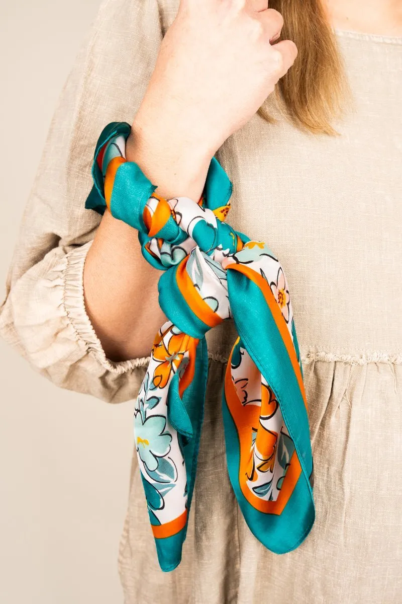 Venetian Garden Teal Square Satin Scarf