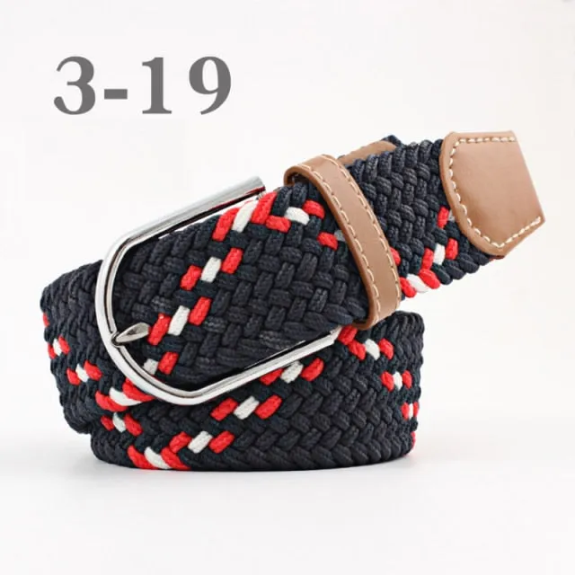 Voguable 60 Colors Female Casual Knitted Pin Buckle Men Belt Woven Canvas Elastic Expandable Braided Stretch Belts For Women Jeans